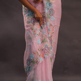 Pastel Pink Organza Embroidery Saree With Floral Scallop Border