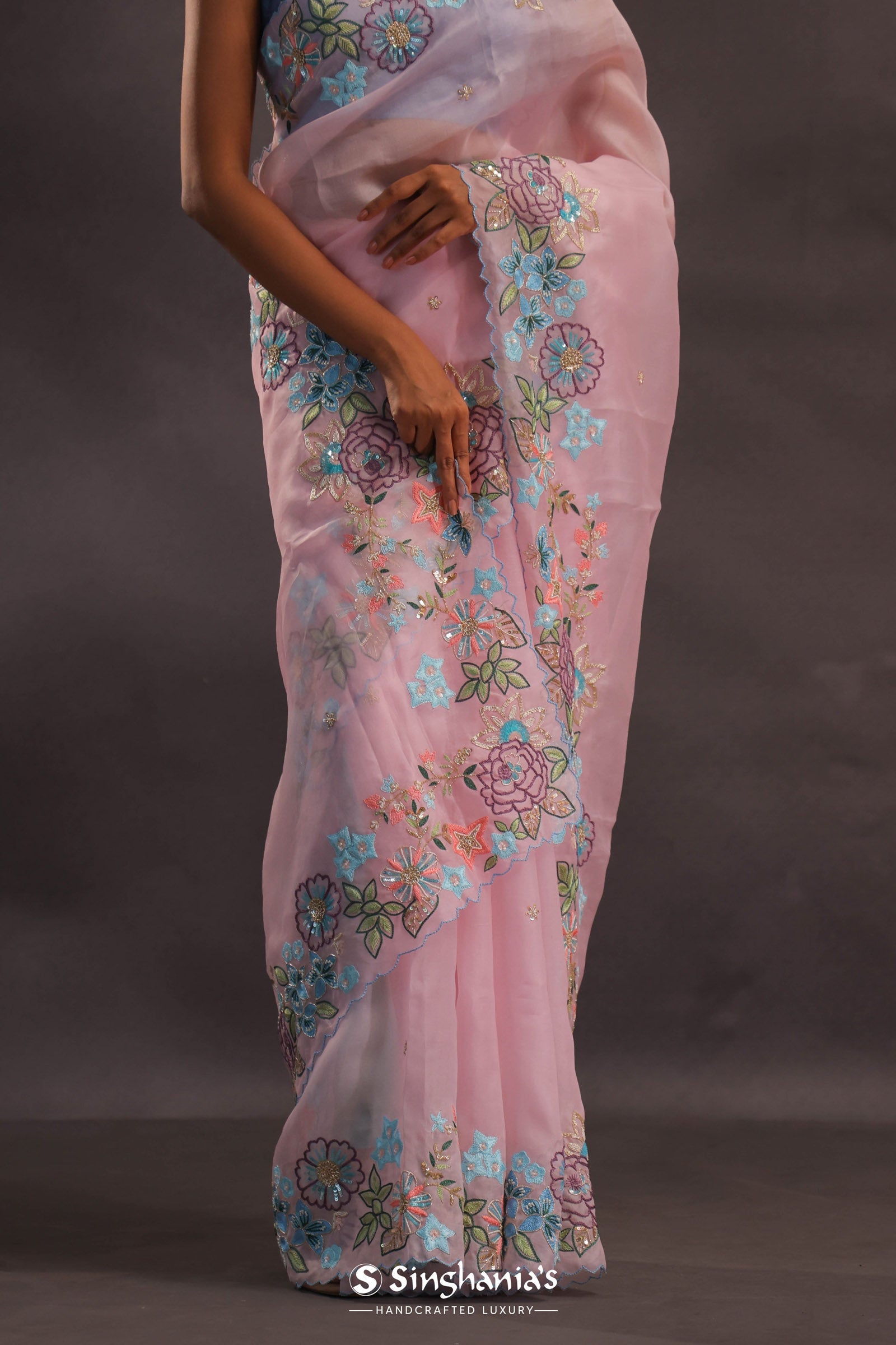 Pastel Pink Organza Embroidery Saree With Floral Scallop Border