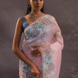 Pastel Pink Organza Embroidery Saree With Floral Scallop Border
