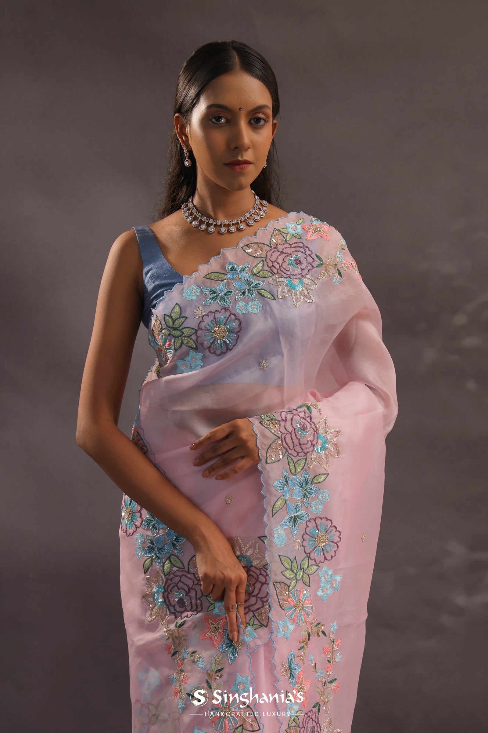Pastel Pink Organza Embroidery Saree With Floral Scallop Border