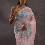 Pastel Pink Organza Embroidery Saree With Floral Scallop Border