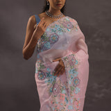 Pastel Pink Organza Embroidery Saree With Floral Scallop Border