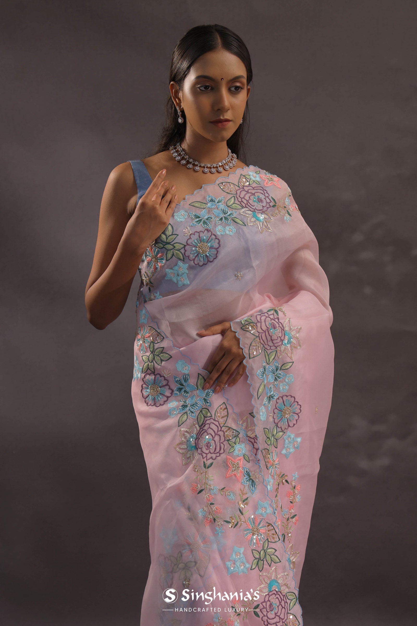 Pastel Pink Organza Embroidery Saree With Floral Scallop Border
