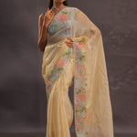 Soft Beige Organza Embroidery Saree With Floral Border