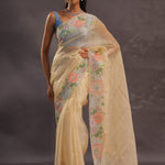 Soft Beige Organza Embroidery Saree With Floral Border