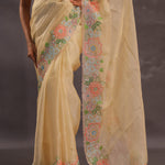 Soft Beige Organza Embroidery Saree With Floral Border