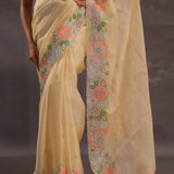 Soft Beige Organza Embroidery Saree With Floral Border