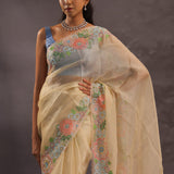 Soft Beige Organza Embroidery Saree With Floral Border