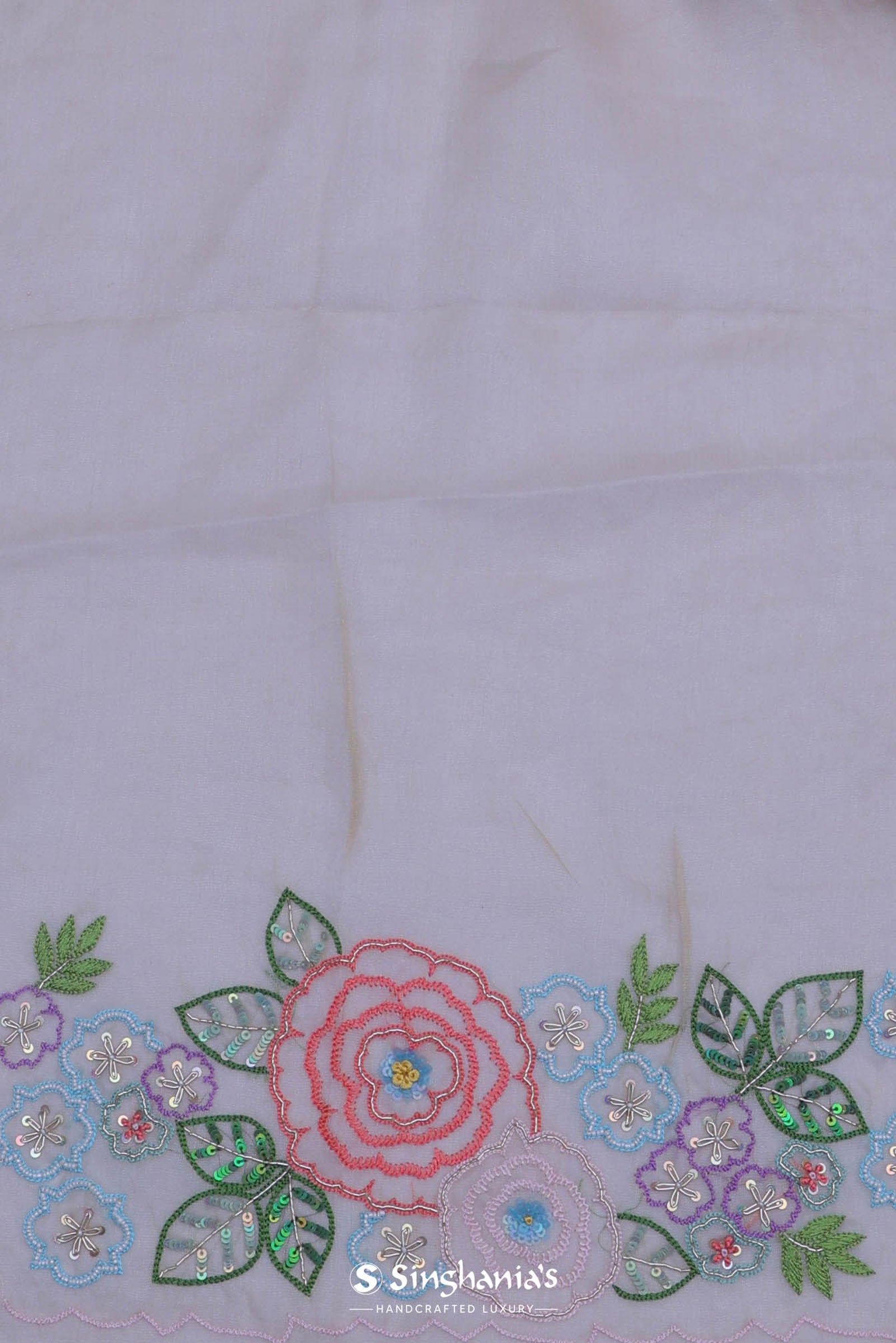 Soft Beige Organza Embroidery Saree With Floral Border