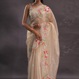 Beige Organza Embroidery Saree With Scallop Border