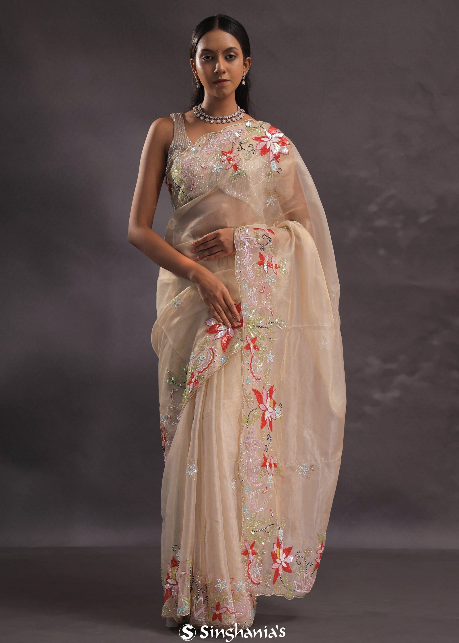 Beige Organza Embroidery Saree With Scallop Border