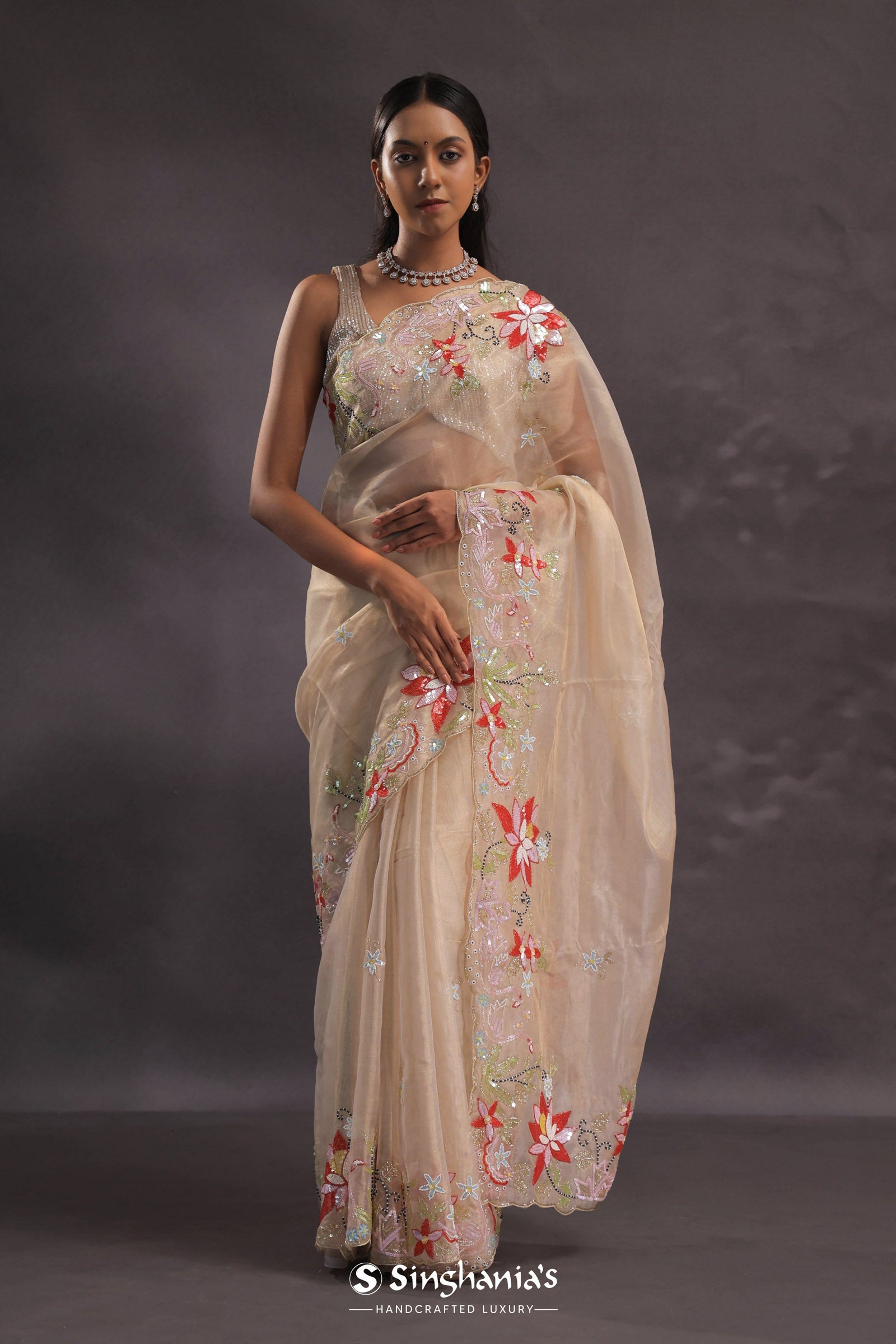 Beige Organza Embroidery Saree With Scallop Border