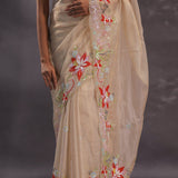 Beige Organza Embroidery Saree With Scallop Border