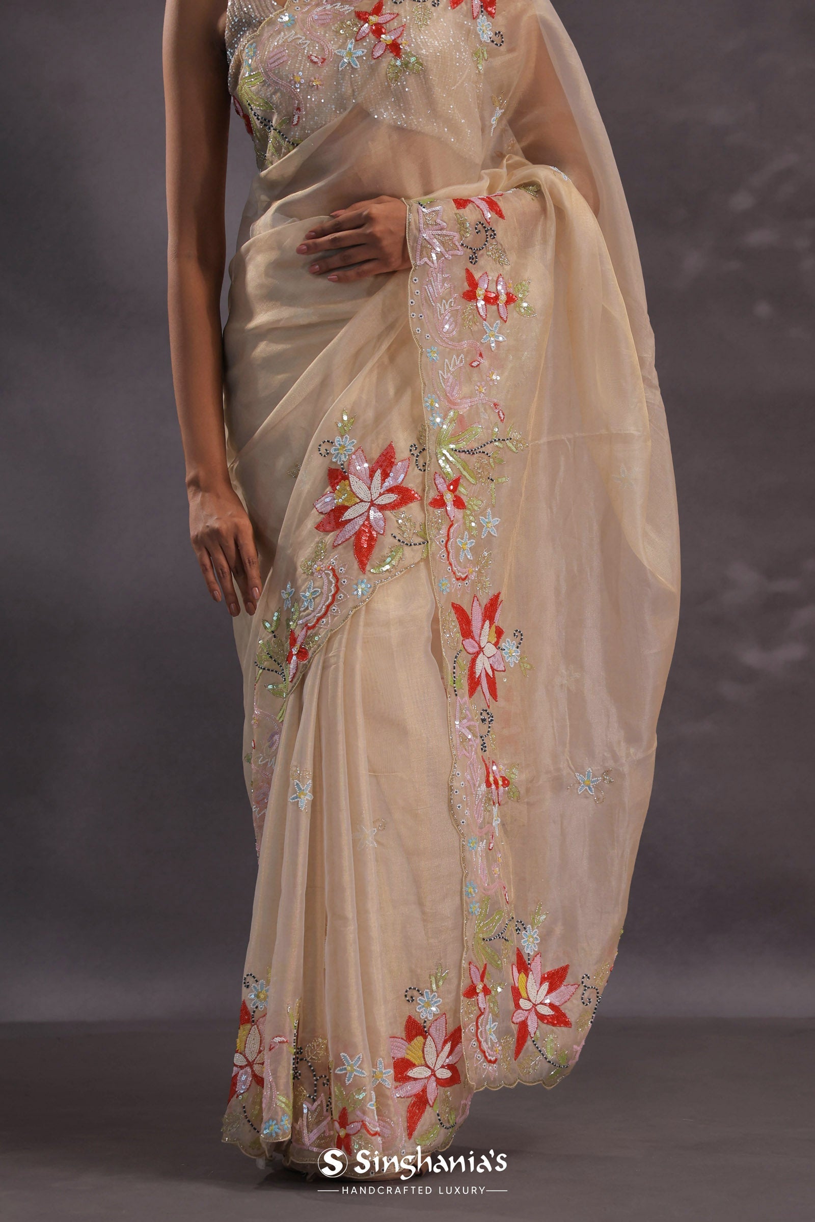 Beige Organza Embroidery Saree With Scallop Border