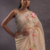 Beige Organza Embroidery Saree With Scallop Border