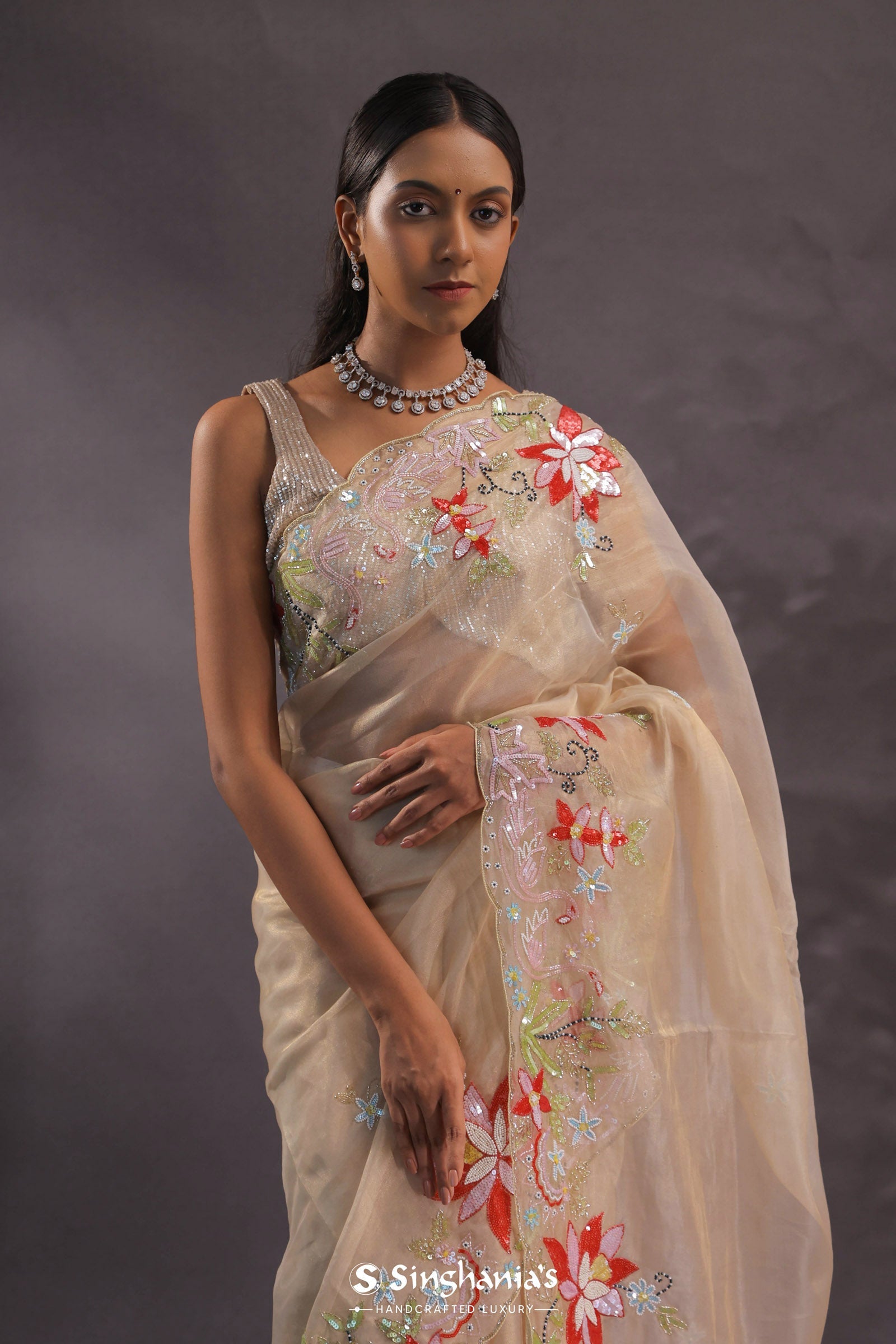 Beige Organza Embroidery Saree With Scallop Border