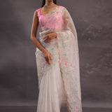 Silver Pink Organza Embroidery Saree With Scallop Border