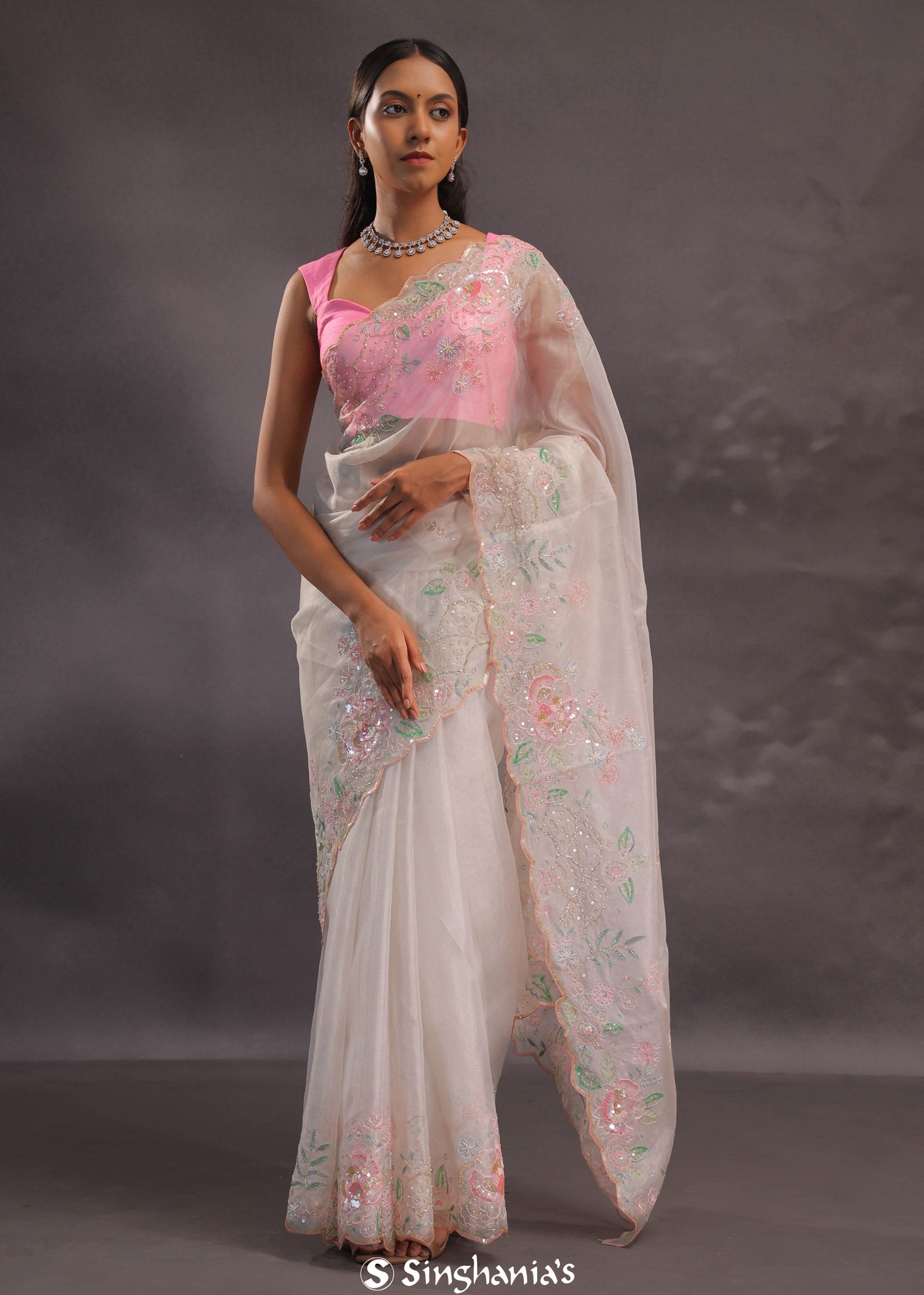 Silver Pink Organza Embroidery Saree With Scallop Border