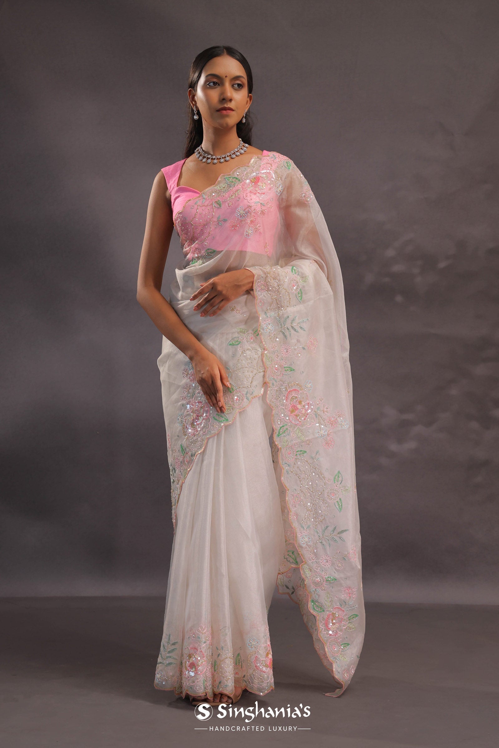 Silver Pink Organza Embroidery Saree With Scallop Border
