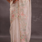 Silver Pink Organza Embroidery Saree With Scallop Border
