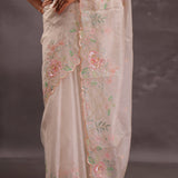 Silver Pink Organza Embroidery Saree With Scallop Border