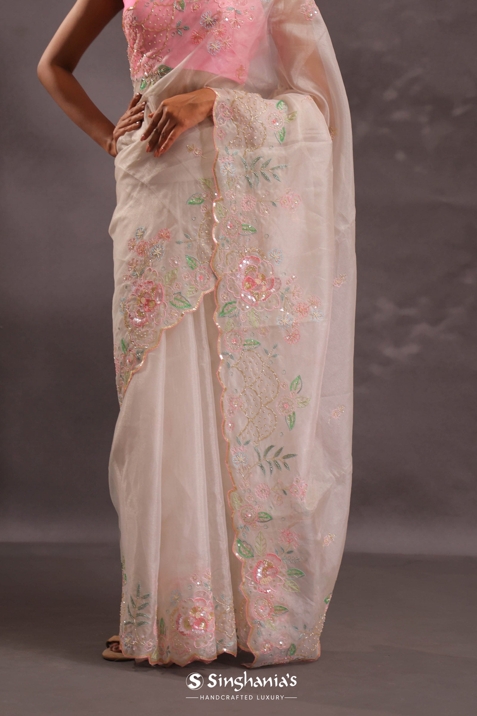Silver Pink Organza Embroidery Saree With Scallop Border
