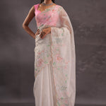 Silver Pink Organza Embroidery Saree With Scallop Border