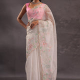 Silver Pink Organza Embroidery Saree With Scallop Border