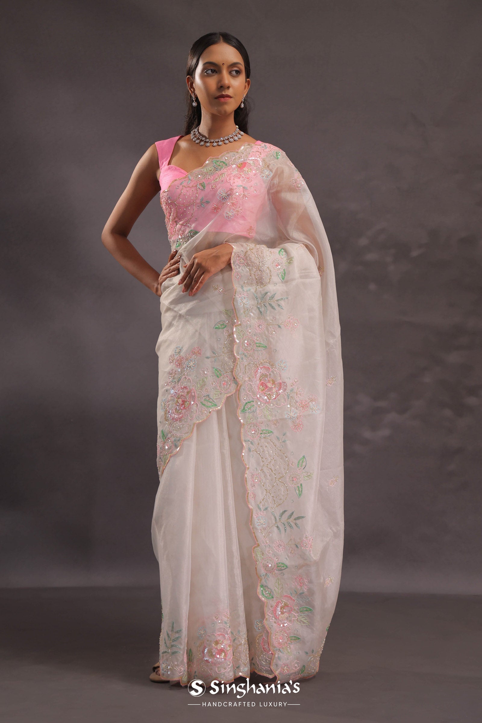 Silver Pink Organza Embroidery Saree With Scallop Border