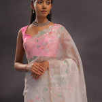 Silver Pink Organza Embroidery Saree With Scallop Border