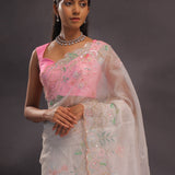 Silver Pink Organza Embroidery Saree With Scallop Border