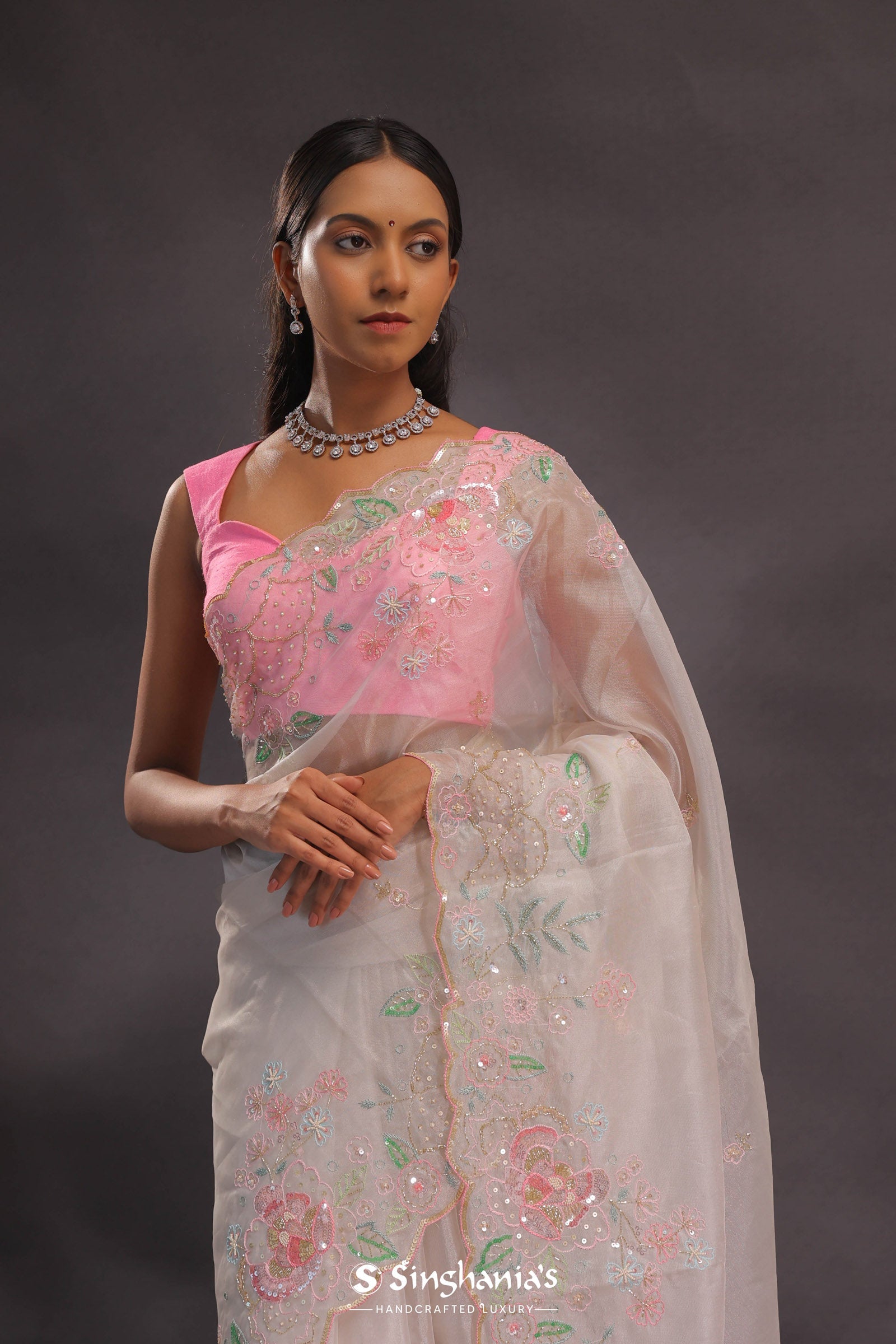 Silver Pink Organza Embroidery Saree With Scallop Border