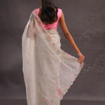 Silver Pink Organza Embroidery Saree With Scallop Border