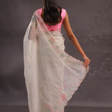 Silver Pink Organza Embroidery Saree With Scallop Border