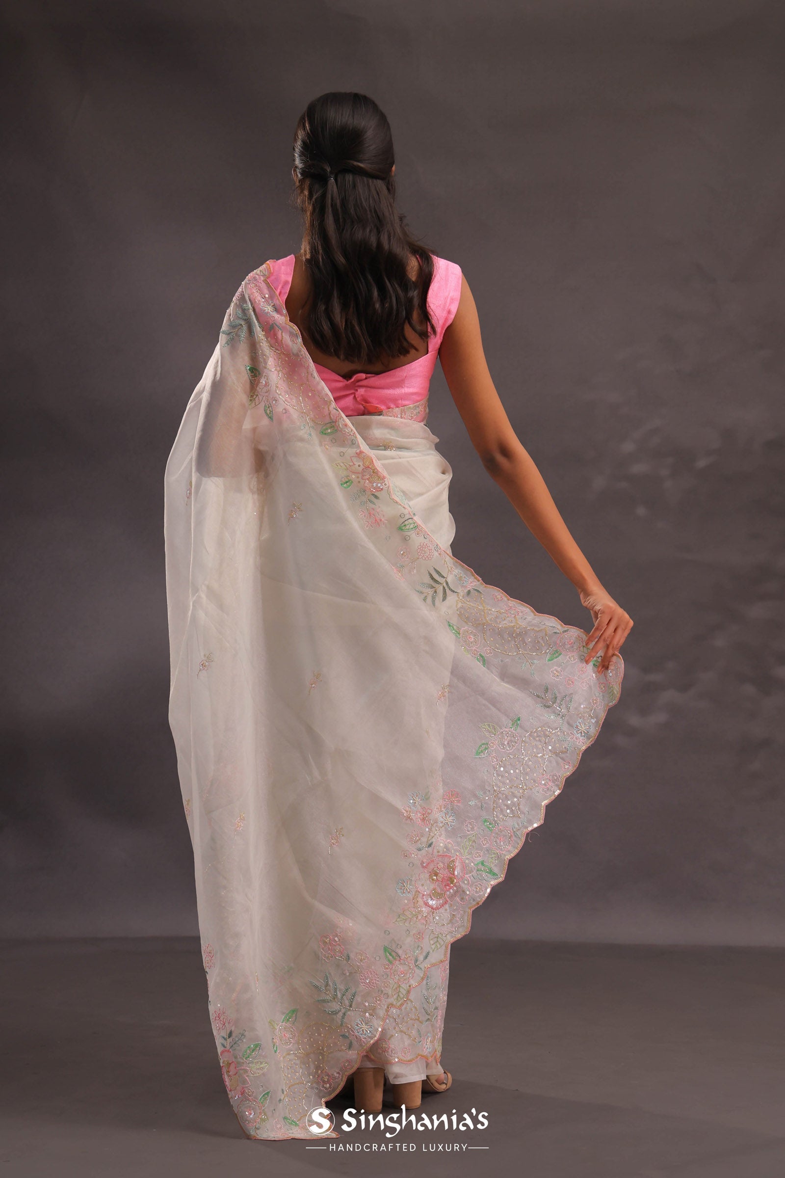 Silver Pink Organza Embroidery Saree With Scallop Border