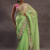 Lime Green Organza Embriodery Saree With Scallop Floral Border