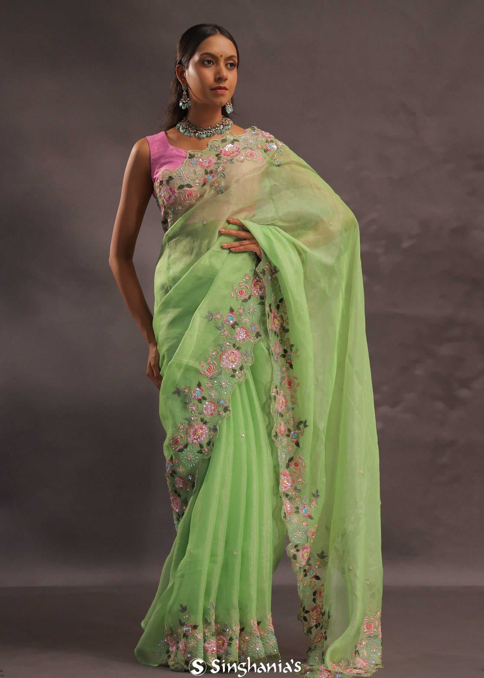 Lime Green Organza Embriodery Saree With Scallop Floral Border