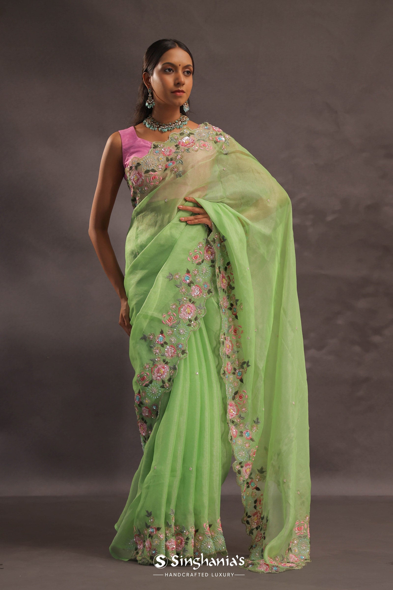 Lime Green Organza Embriodery Saree With Scallop Floral Border