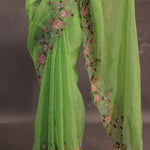 Lime Green Organza Embriodery Saree With Scallop Floral Border