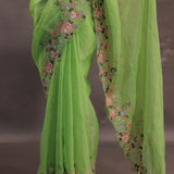 Lime Green Organza Embriodery Saree With Scallop Floral Border