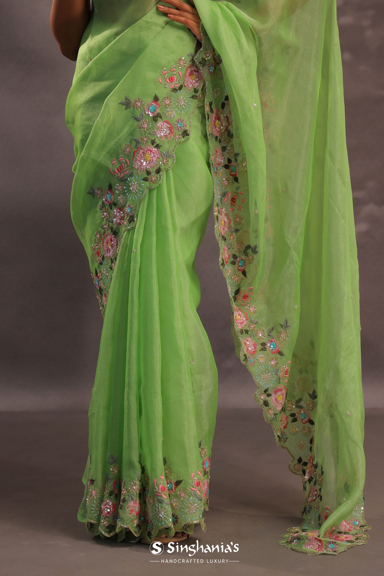 Lime Green Organza Embriodery Saree With Scallop Floral Border