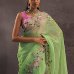 Lime Green Organza Embriodery Saree With Scallop Floral Border