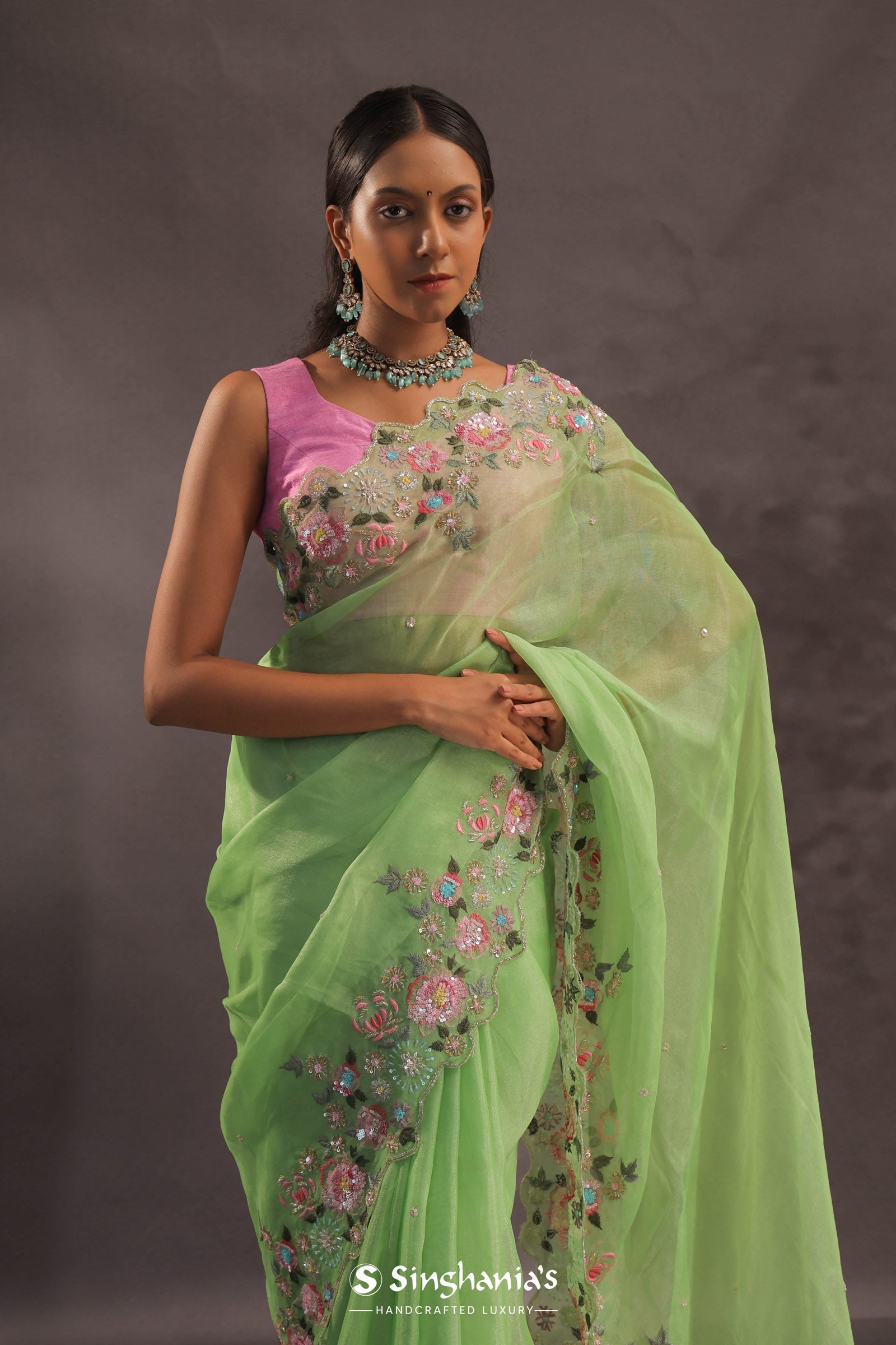 Lime Green Organza Embriodery Saree With Scallop Floral Border