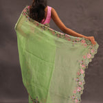Lime Green Organza Embriodery Saree With Scallop Floral Border