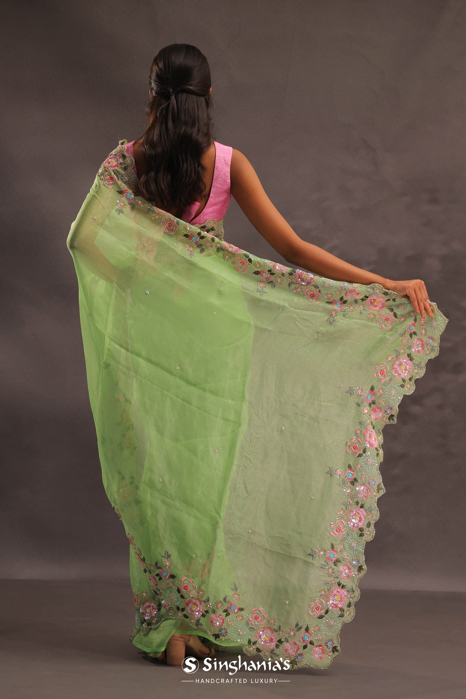 Lime Green Organza Embriodery Saree With Scallop Floral Border