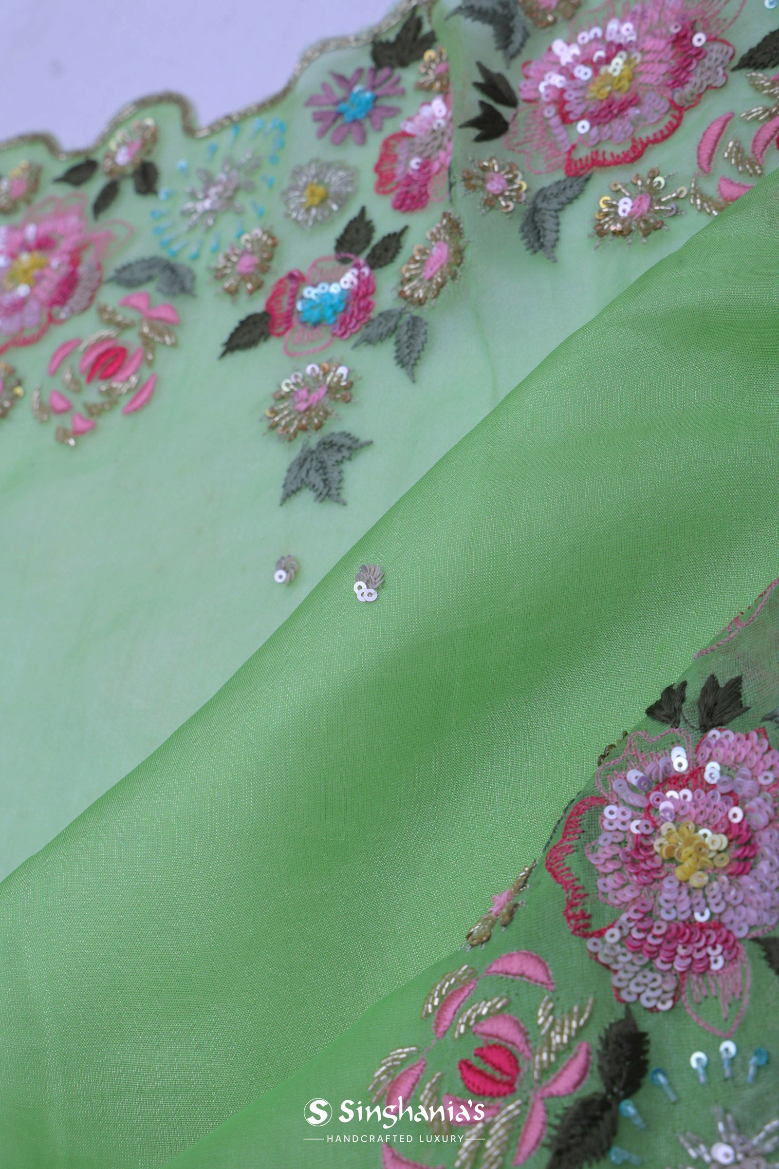 Lime Green Organza Embriodery Saree With Scallop Floral Border