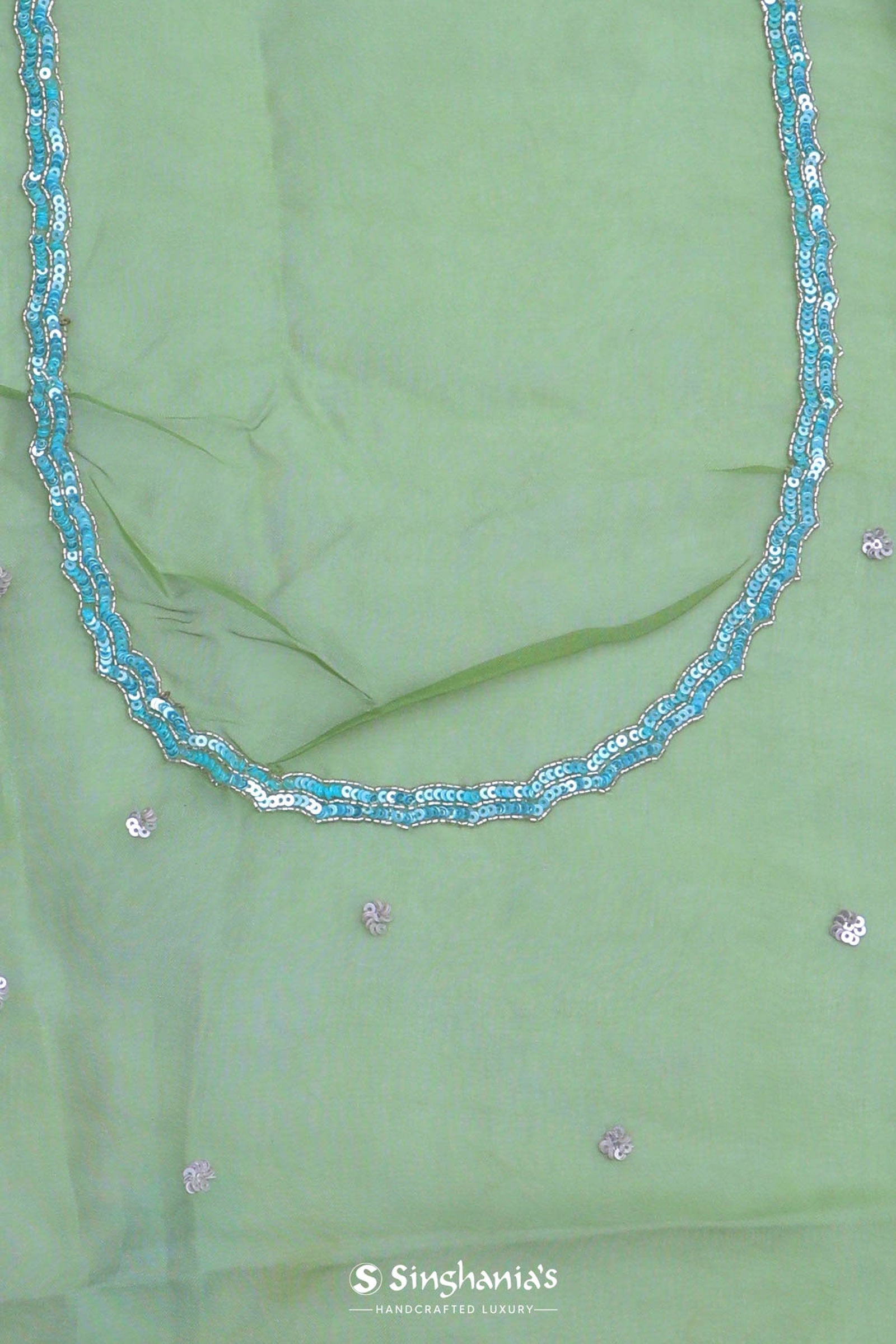 Lime Green Organza Embriodery Saree With Scallop Floral Border