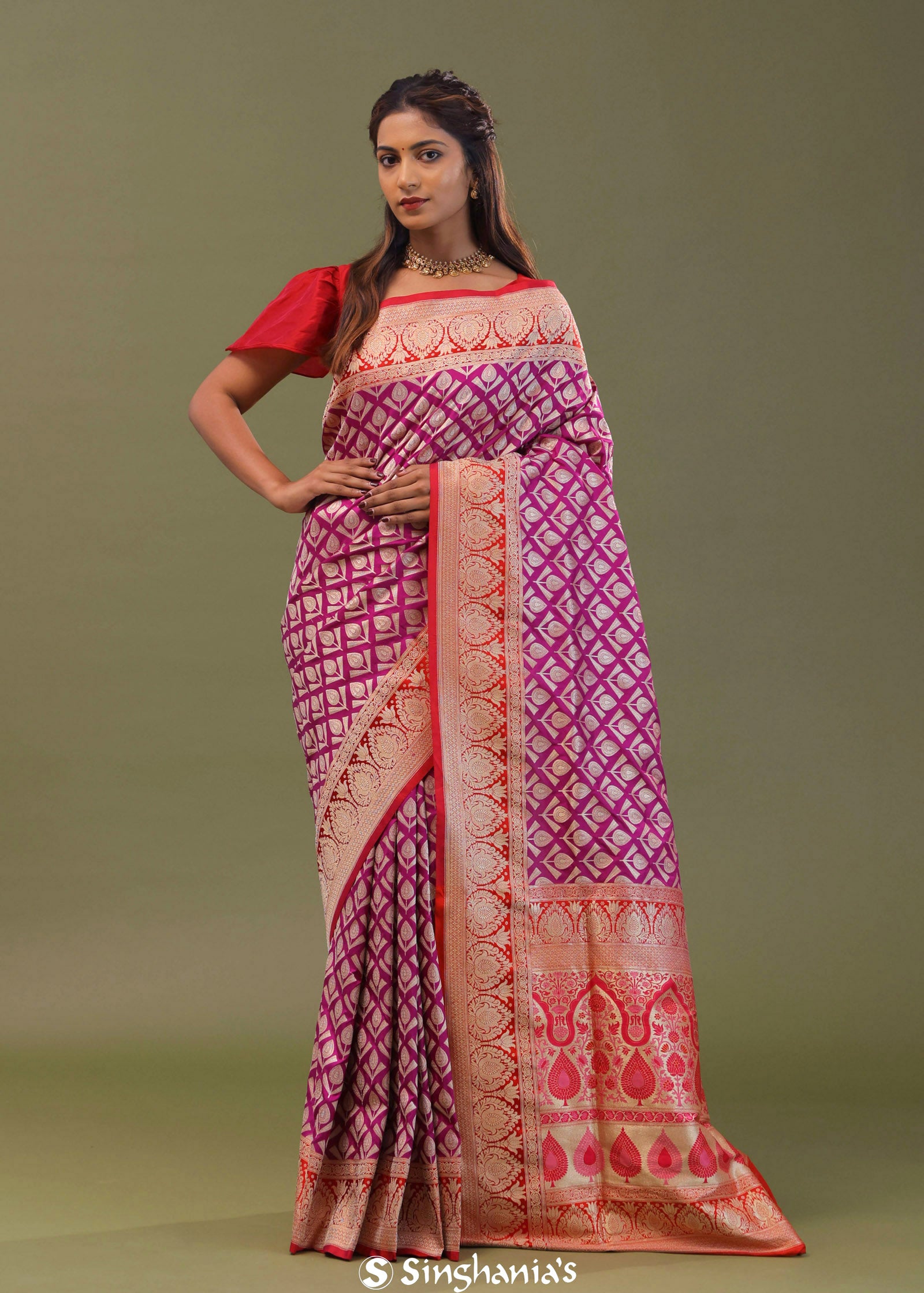Magenta Banarasi Saree With Contrast Brick Red Border