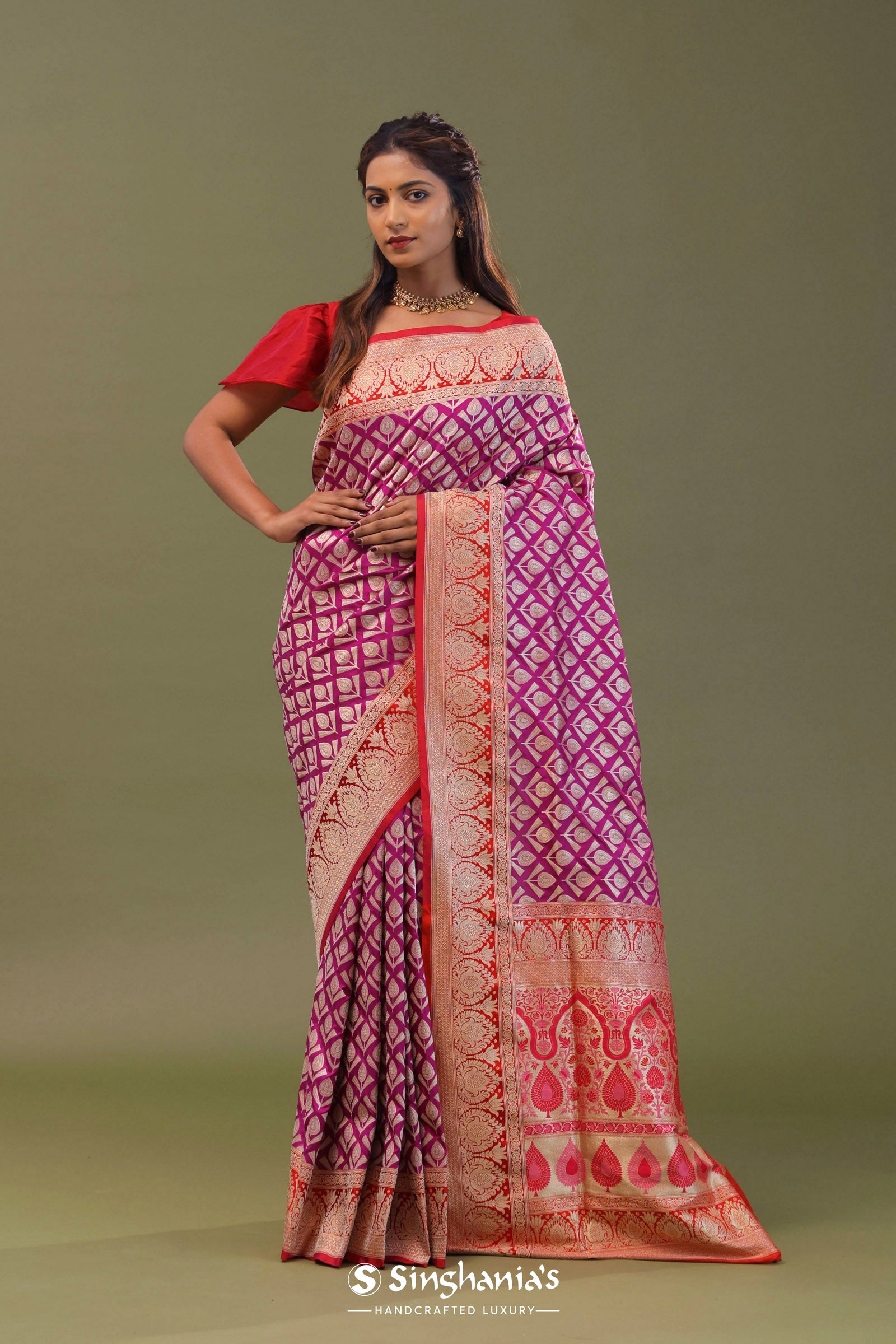 Magenta Banarasi Saree With Contrast Brick Red Border