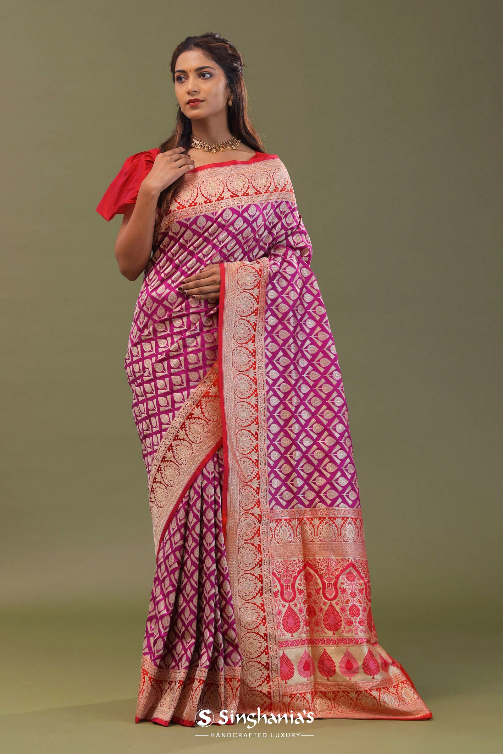 Magenta Banarasi Saree With Contrast Brick Red Border